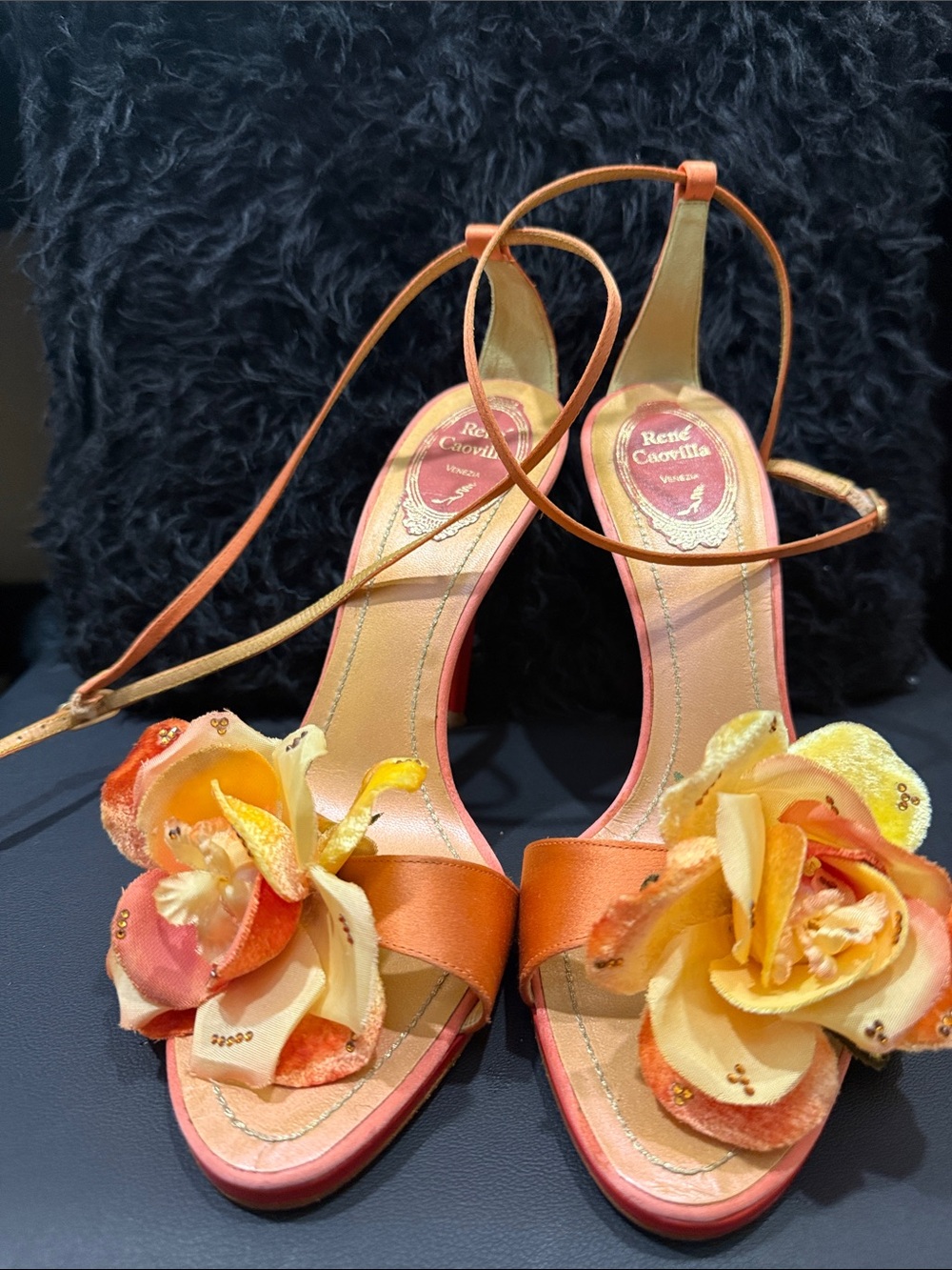 Rene Caovilla Orange and Yellow Floral Lace-Up Heels